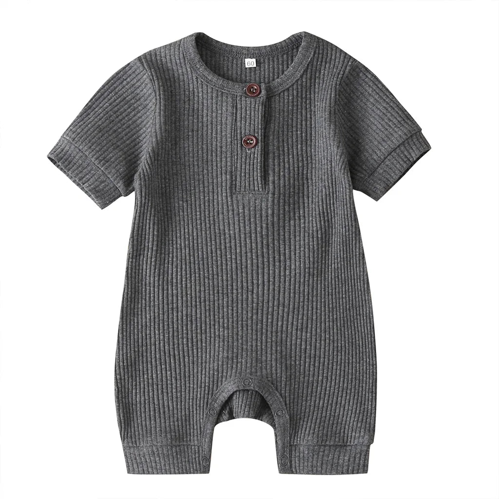 Baby Boys Girls Short Sleeve Romper Summer Toddler Clothes Infant Solid Color Knit Rib O Neck Jumpsuits Playsuit Outfits