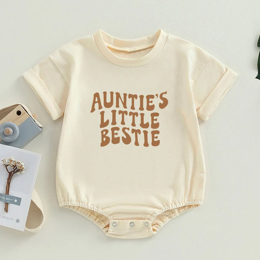 Auntie's Little Bestie Bubble Romper Newborn Baby Girl Boy Clothes Summer Short Sleeve Crewneck Cute Bodysuit Top Outfit