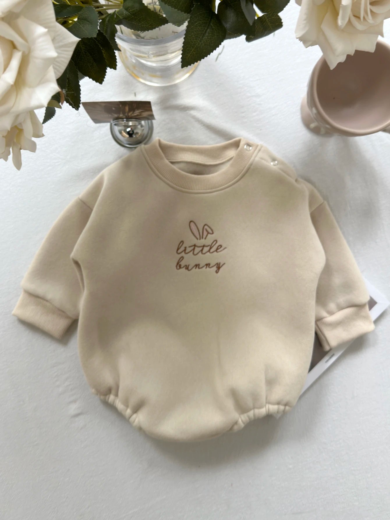 Little Bunny letter embroidered neutral baby long sleeved plush winter romper