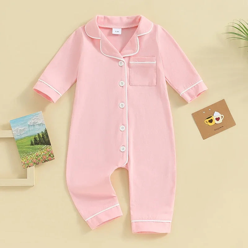 Baby Boys Girls Rompers Pajamas Patchwork Turn-Down Collar Buttons Long Sleeve Infant Jumpsuits Sleepwear Spring Fall Nightwear