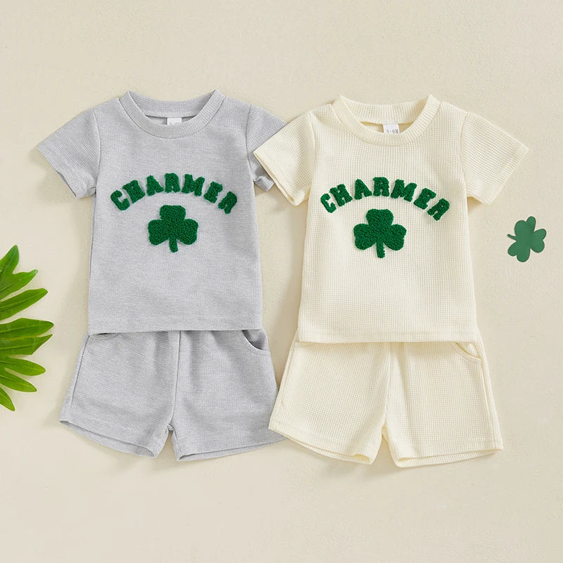 Lioraitiin Toddler Baby Boy Girl St Patricks Day Clover Waffle Short Sleeve Shirt Summer Spring Clothes