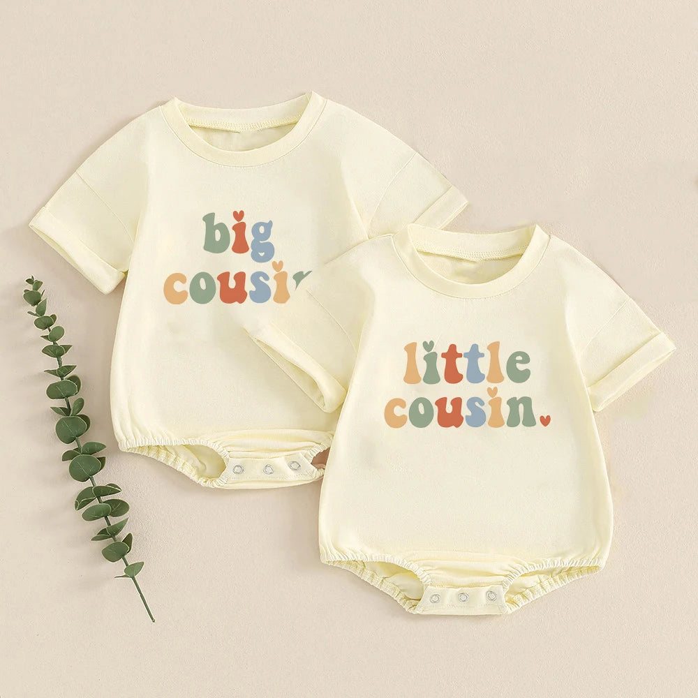 Retro Cousin Crew Toddler Oversized T-Shirt Rompers Big Little Cousin Baby Bubble Romper Bodysuit Cute Baby Outfits