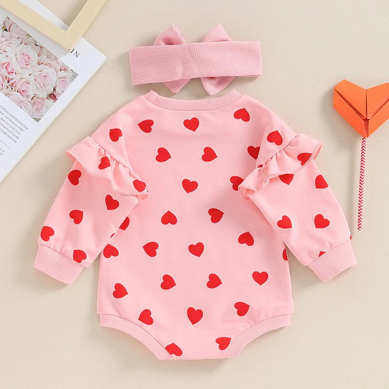 Citgeett Spring Valentine's Day Infant Baby Girl Outfits Ruffle Long Sleeve Heart Print Bodysuit Headband Set Autumn Clothes