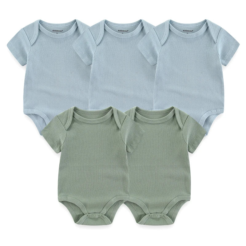 Solid Color 5Pieces Unisex Ribbed Cotton Newborn Baby Girl Clothes Set Short Sleeve Bodysuits Baby Boy Clothes Summer